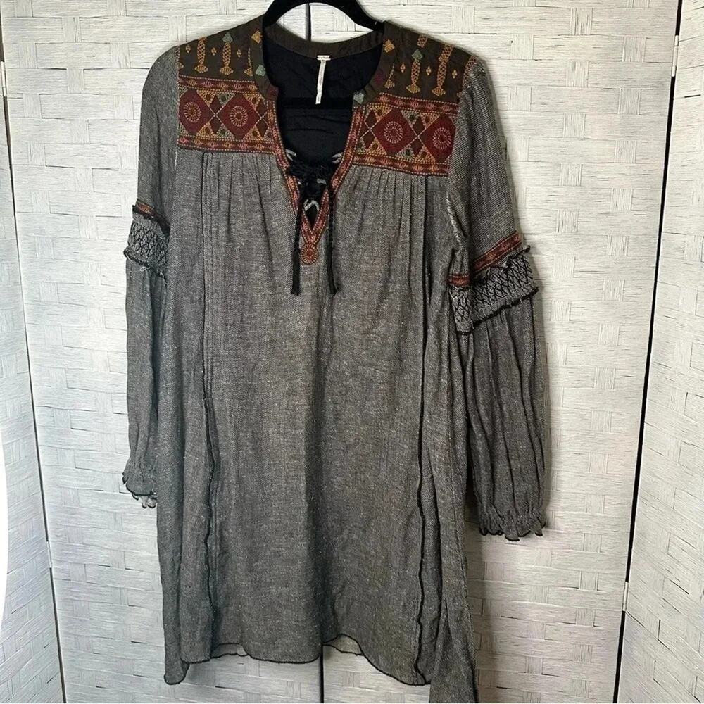 Free People hippie boho embroidered tunic dress tassels ties long sleeve gray